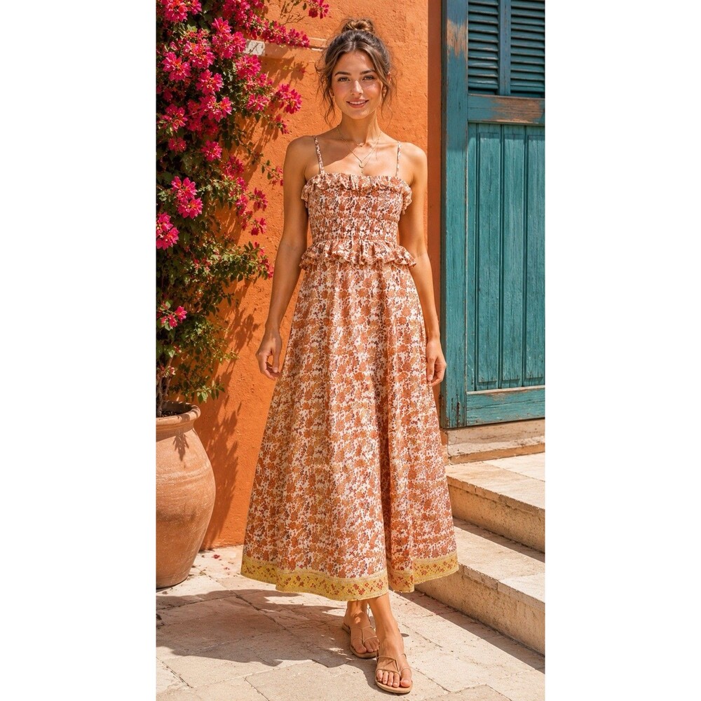 J Crew Smocked Midi Dress Womens S Orange Floral Ramie Ravenna Ruffle Boho CK836